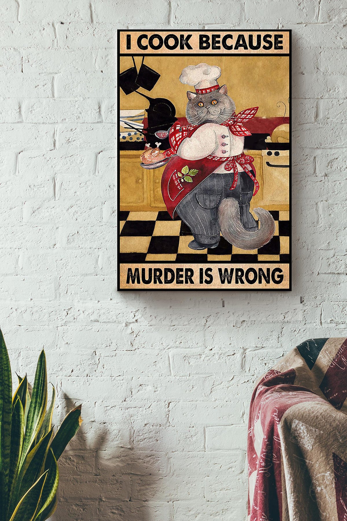 Cat Cooking Because Murder Is Wrong Funny Vintage For Kitchen Decor Canvas