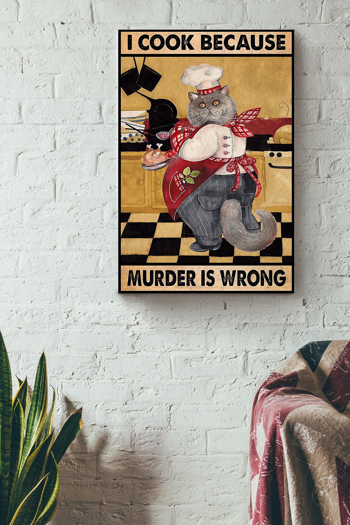 Cat Cooking Because Murder Is Wrong Funny Vintage For Kitchen Decor Canvas