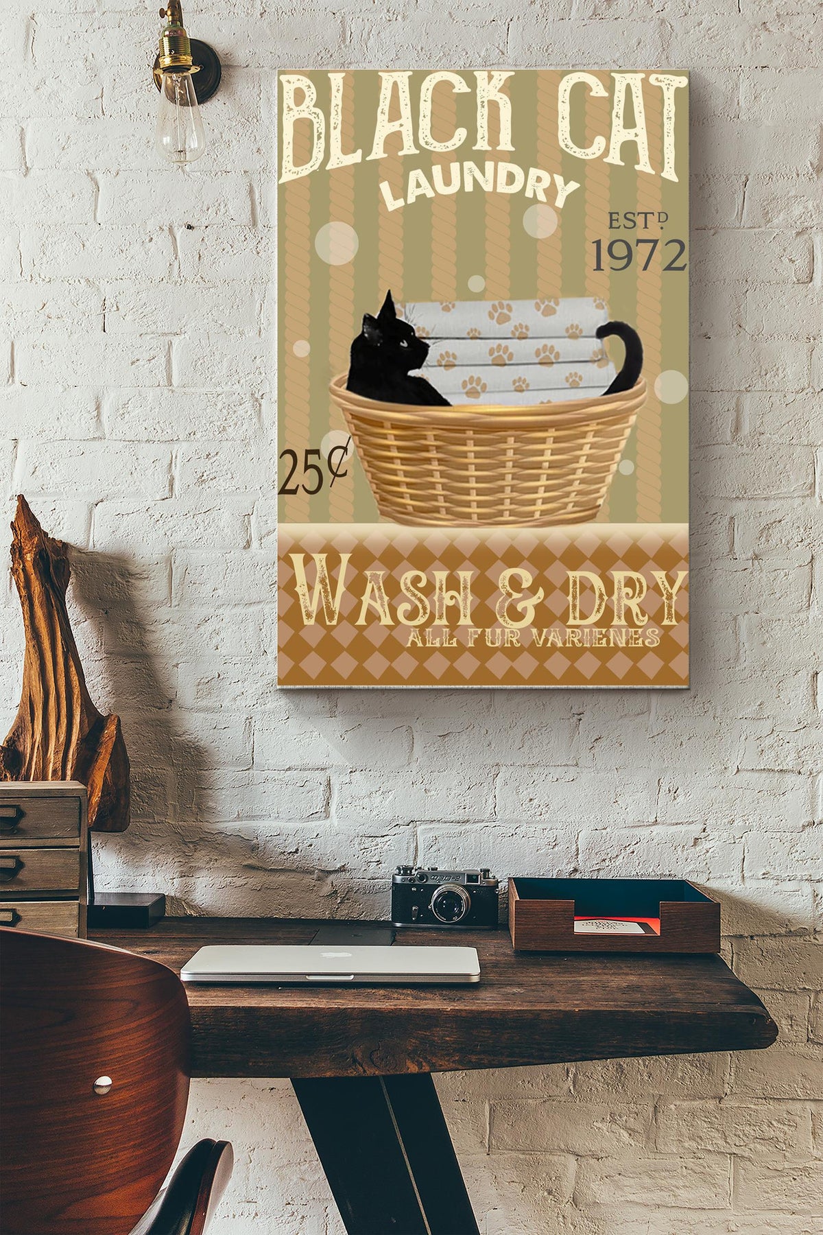 Black Cat Laundry Wash And Dry Poster - Animal Wall Art - Gift For Bathroom Decor, Cat Lover, Cat Foster Canvas Gallery Wrapped Canvas Framed Gift Idea Framed Prints, Canvas