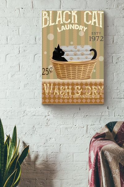 Black Cat Laundry Wash And Dry Poster - Animal Wall Art - Gift For Bathroom Decor, Cat Lover, Cat Foster Canvas Gallery Wrapped Canvas Framed Gift Idea Framed Prints, Canvas