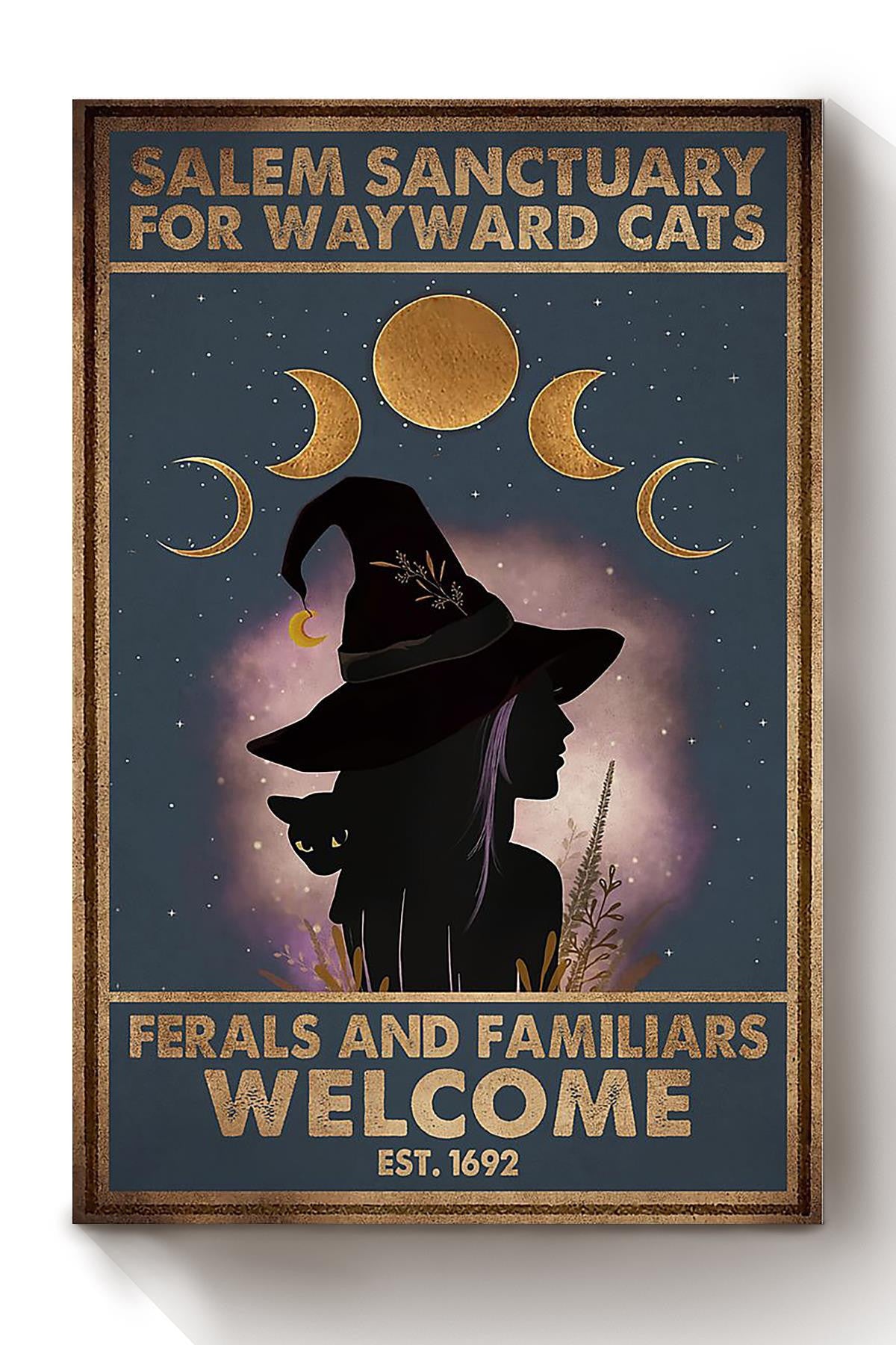 Black Cat Salem Sanctualy For Wayward Cats Animal Wall Art Gift For Cat Lover International Cat Day Halloween Decor Kitten Foster Canvas Framed Prints, Canvas