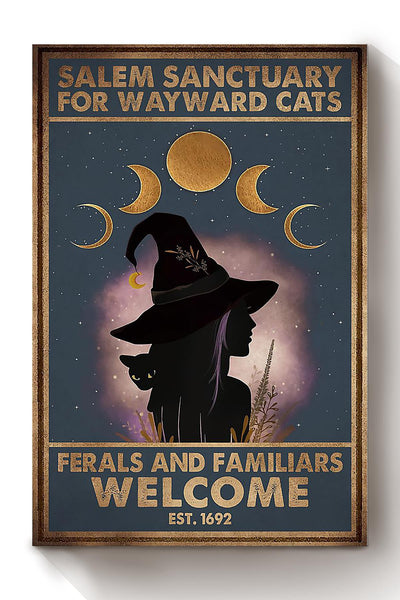 Black Cat Salem Sanctualy For Wayward Cats Animal Wall Art Gift For Cat Lover International Cat Day Halloween Decor Kitten Foster Canvas Framed Prints, Canvas