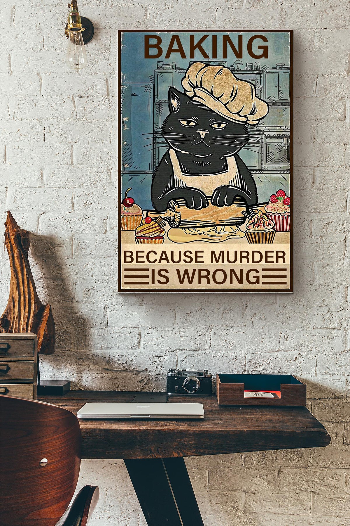 Black Cat Baking Because Murder Is Wrong Poster - Decor Wall Art - Gift For Baker Bread Baker Bakery Canvas Gallery Wrapped Canvas Framed Gift Idea Framed Prints, Canvas