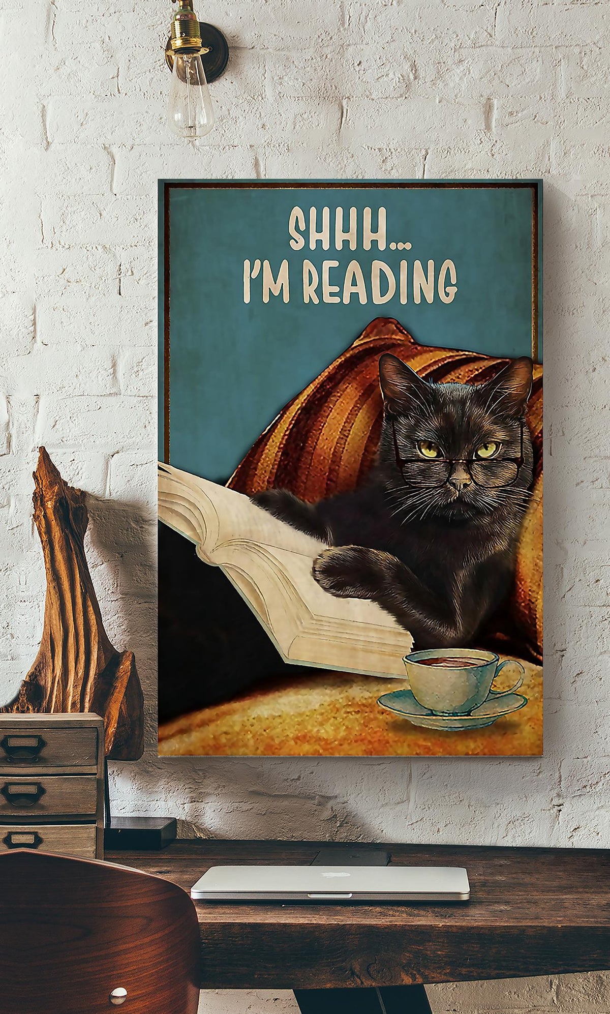Cat Reading Book Funny Wall Art For Book Lover Cat Lover Library Decor Canvas Gallery Wrapped Canvas Framed Gift Idea Framed Prints, Canvas