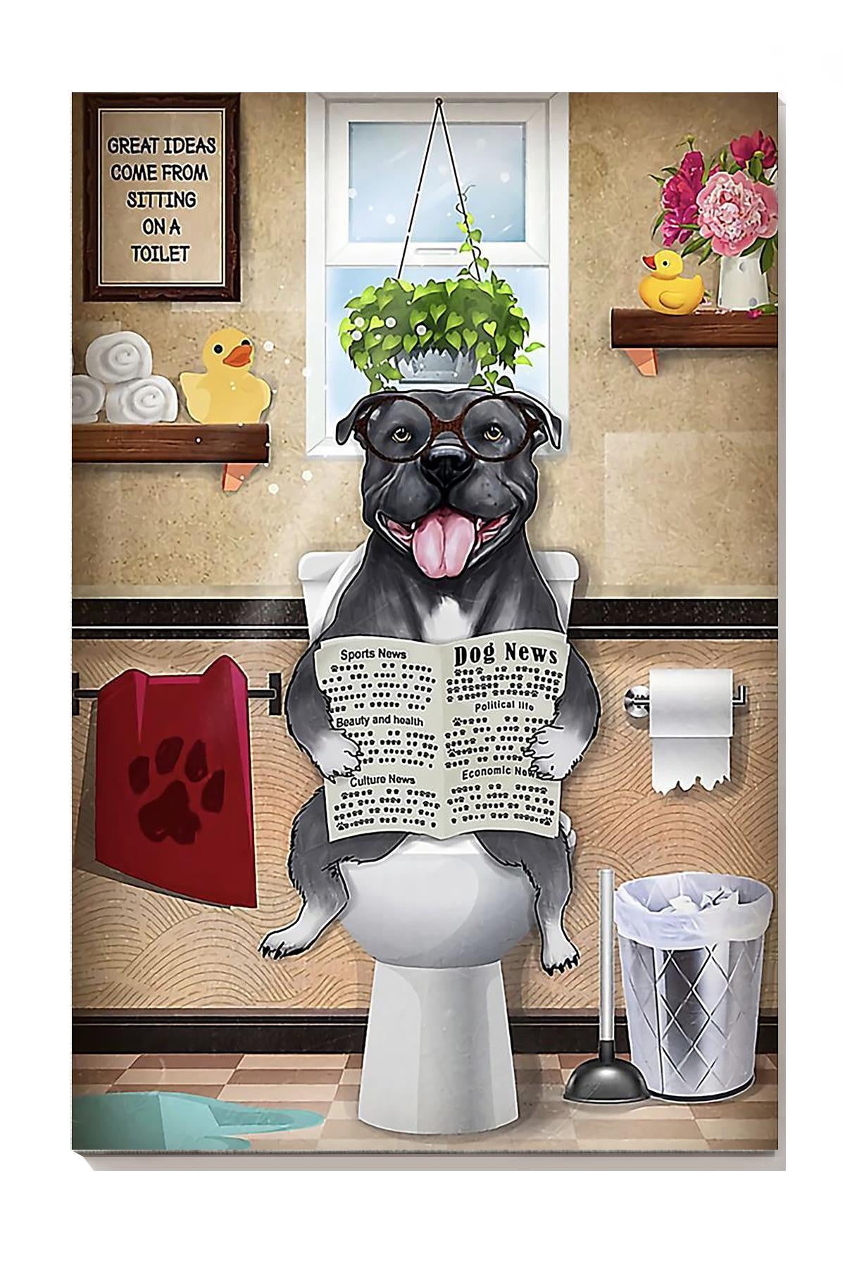 Black Bull Dog Reading News Dog Wall Art For Toilet Decor Dog Lovers Gift Canvas Gallery Wrapped Canvas Framed Gift Idea Framed Prints, Canvas