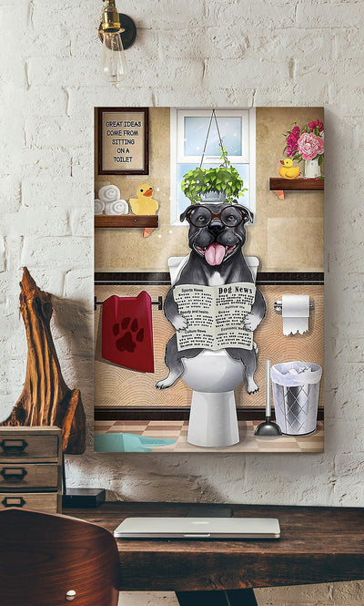 Black Bull Dog Reading News Dog Wall Art For Toilet Decor Dog Lovers Gift Canvas Gallery Wrapped Canvas Framed Gift Idea Framed Prints, Canvas
