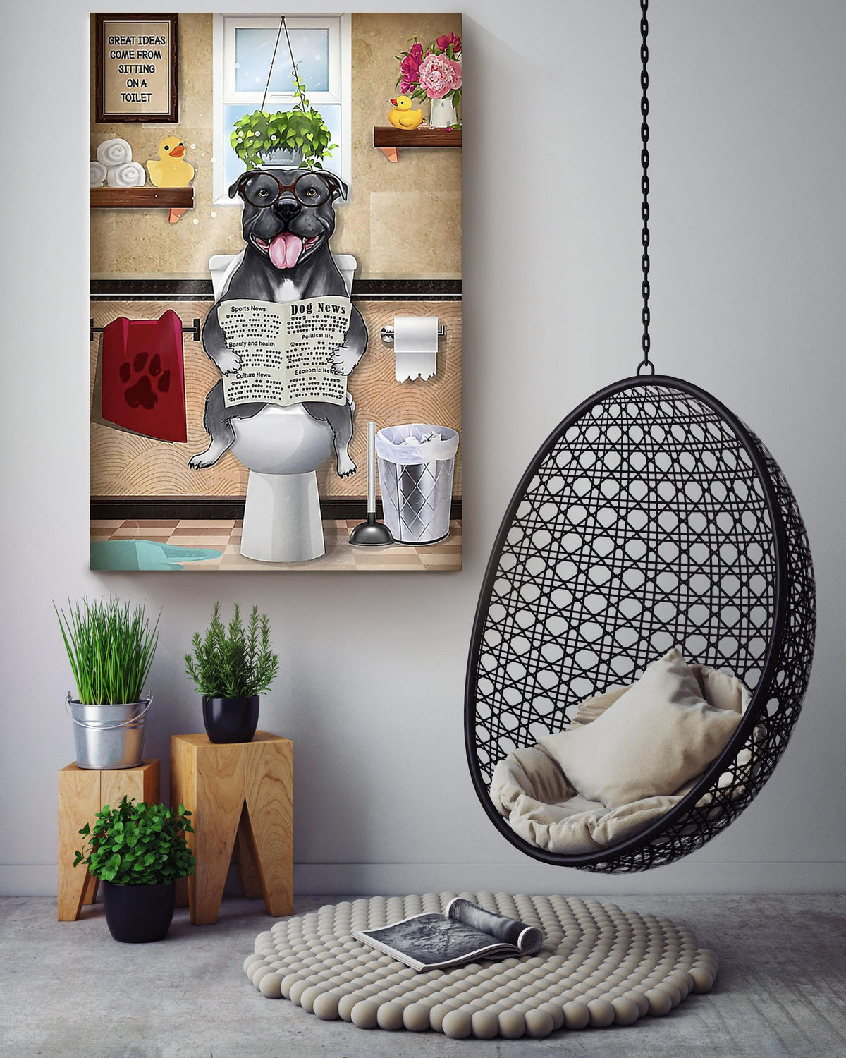 Black Bull Dog Reading News Dog Wall Art For Toilet Decor Dog Lovers Gift Canvas Gallery Wrapped Canvas Framed Gift Idea Framed Prints, Canvas