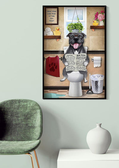 Black Bull Dog Reading News Dog Wall Art For Toilet Decor Dog Lovers Gift Canvas Gallery Wrapped Canvas Framed Gift Idea Framed Prints, Canvas