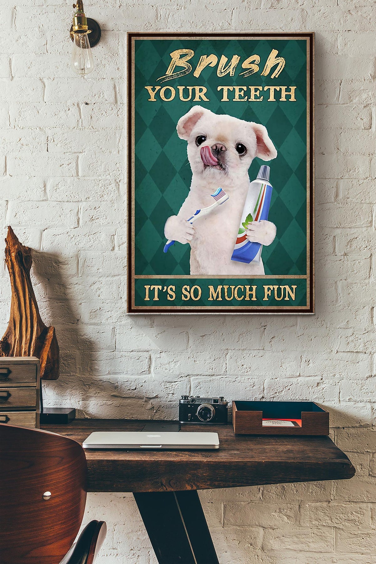 Brush Your Teeth Its So Much Fun Boston Terrier Brushing Teeth Poster Canvas Gallery Wrapped Canvas Framed Gift Idea