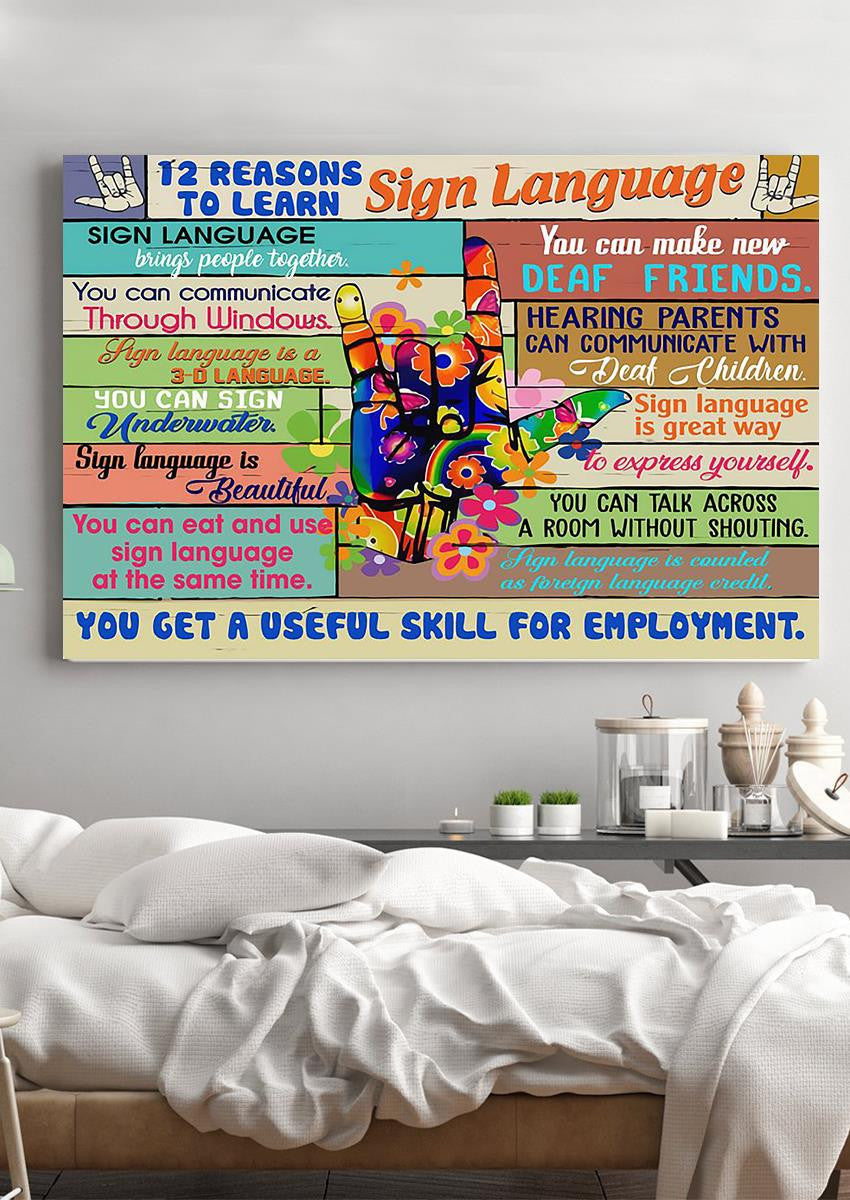 12 Reasons To Learn Sign Language Colorful Wall Art Gift For Deat Child And Their Parents Framed Prints, Canvas