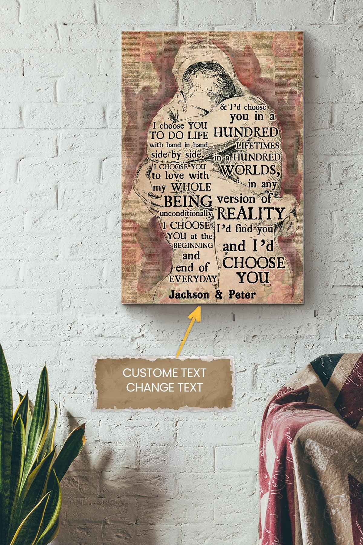 Gay Book Pages I Choose You Personalized Poster - Book Wall Art - Gift For Book Lover Bookworm Nerd Library Decor LGBT Canvas Gallery Wrapped Canvas Framed Gift Idea Framed Prints, Canvas