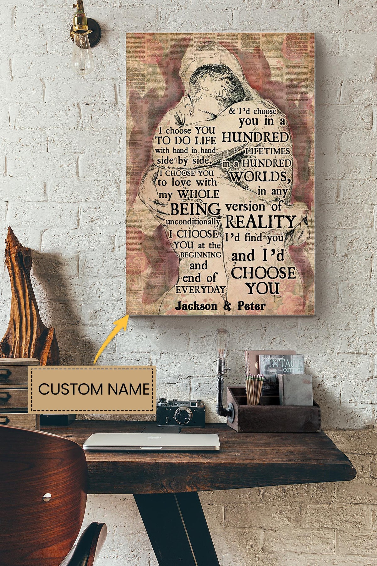 Gay Book Pages I Choose You Personalized Poster - Book Wall Art - Gift For Book Lover Bookworm Nerd Library Decor LGBT Canvas Gallery Wrapped Canvas Framed Gift Idea Framed Prints, Canvas