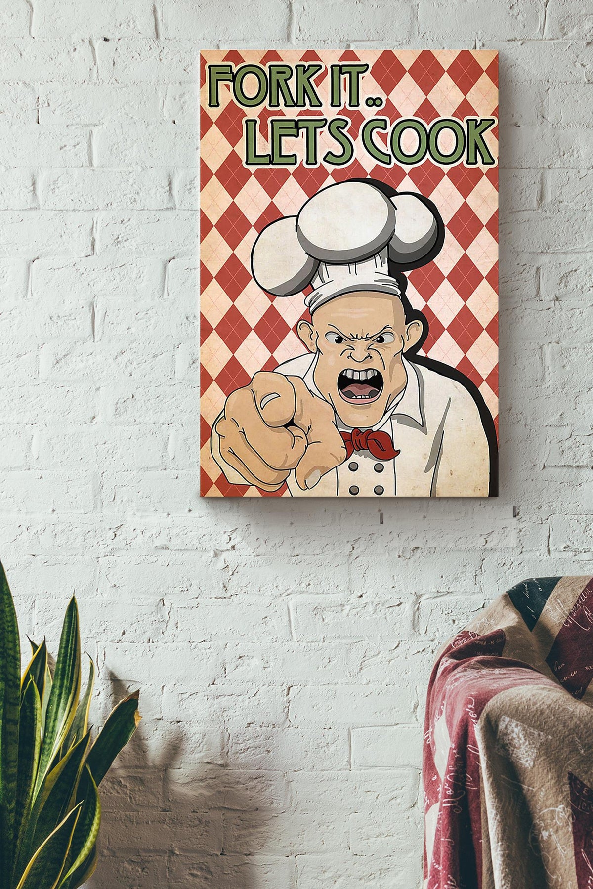 Fork It Lets Cook Angry Chef Vintage Wall Art Gift For Cooking Lover Kitchen Decor Canvas Framed Prints, Canvas