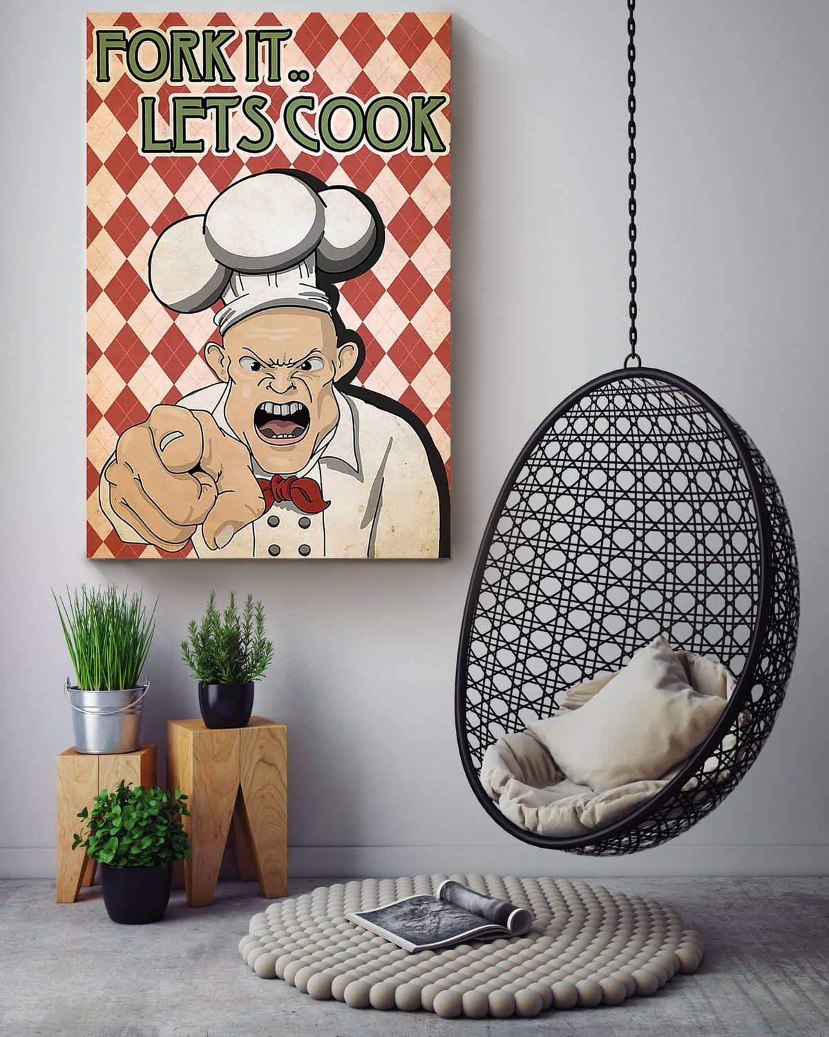 Fork It Lets Cook Angry Chef Vintage Wall Art Gift For Cooking Lover Kitchen Decor Canvas Framed Prints, Canvas