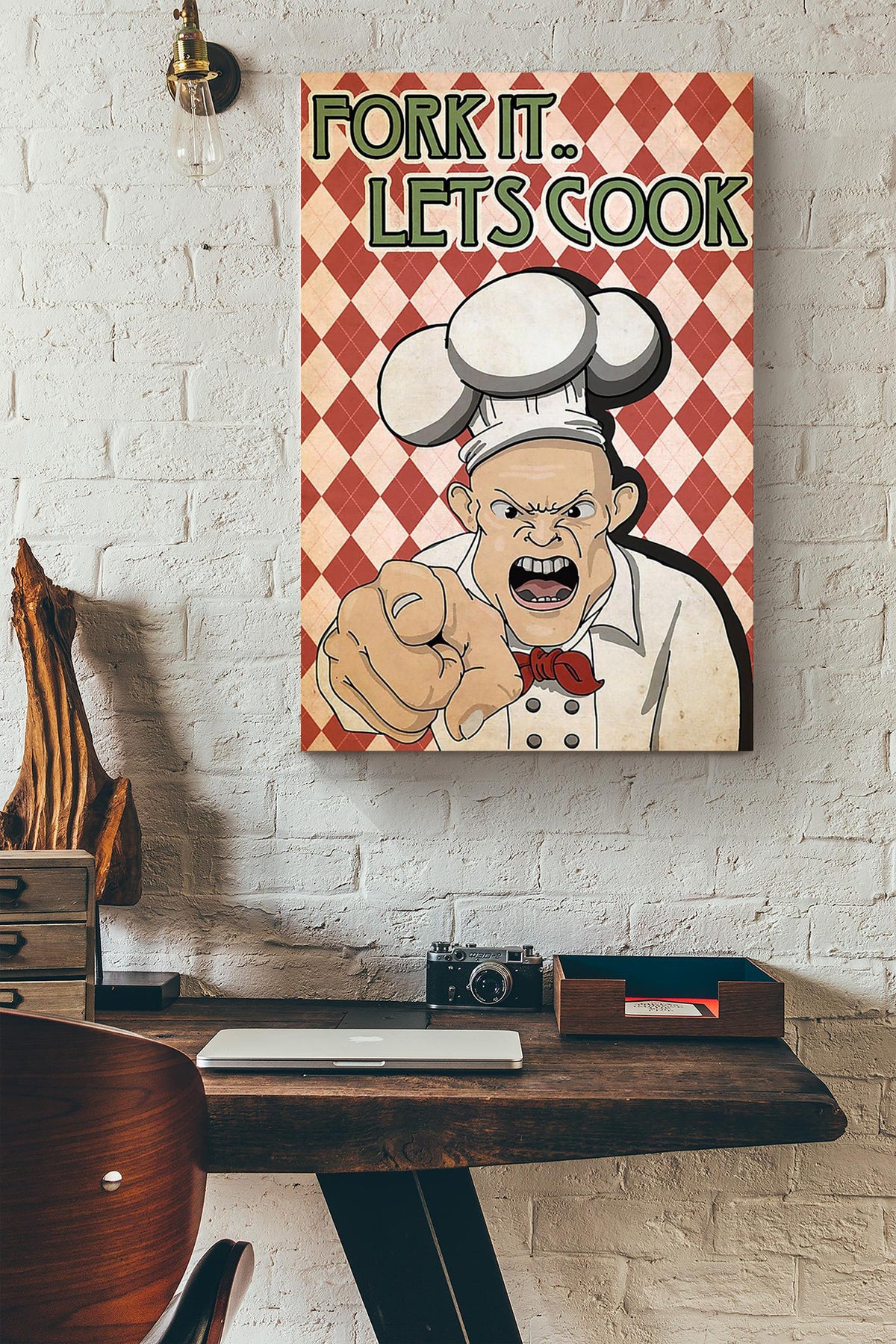 Fork It Lets Cook Angry Chef Vintage Wall Art Gift For Cooking Lover Kitchen Decor Canvas Framed Prints, Canvas