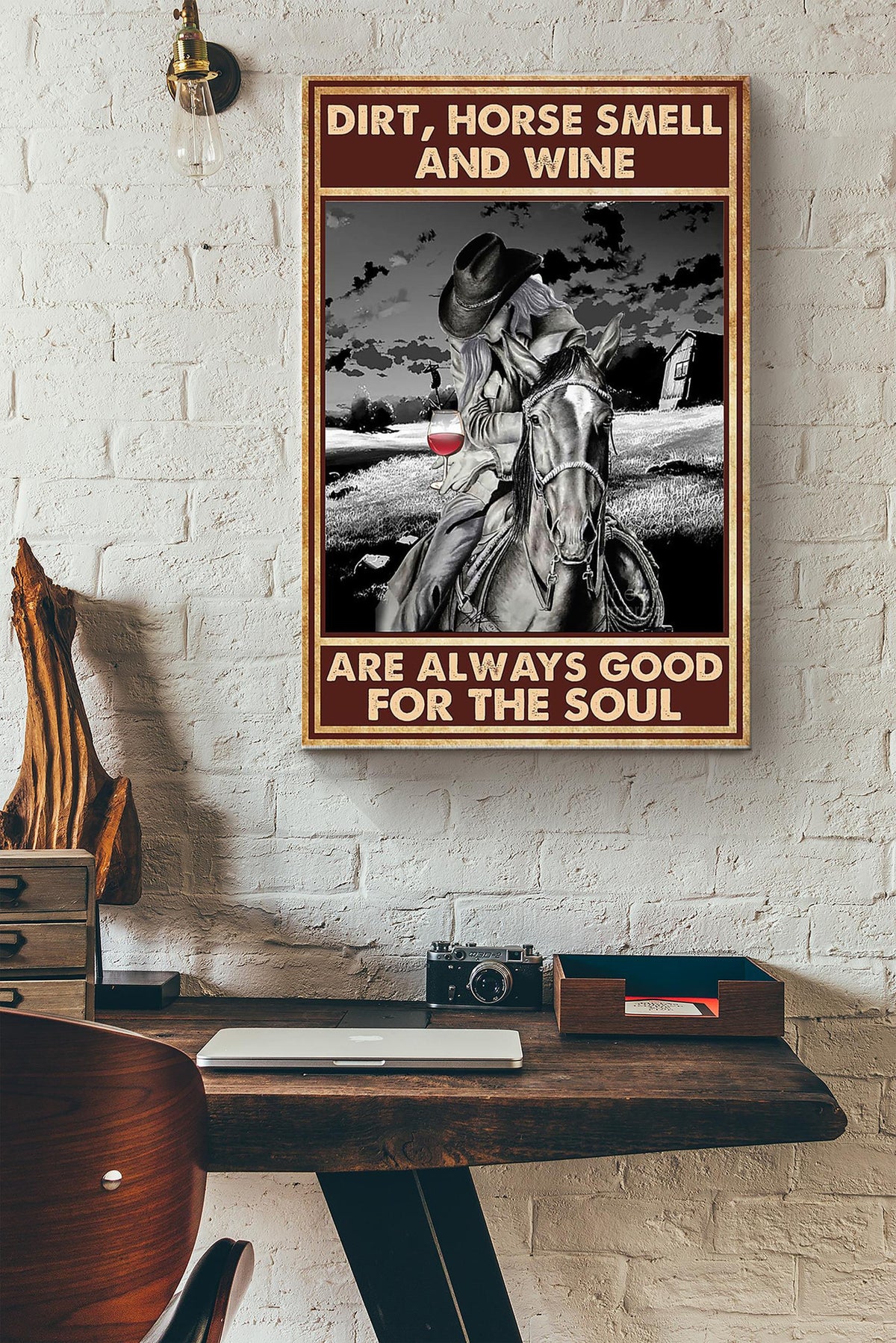 Dirt Horse Smell Wine With Cowgirl Poster - Animal Wall Art - Gift For Horse Lover Horse Rider Cowboy Farmhouse Decor Canvas Gallery Wrapped Canvas Framed Gift Idea Framed Prints, Canvas