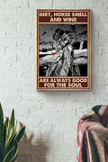 Dirt Horse Smell Wine With Cowgirl Poster - Animal Wall Art - Gift For Horse Lover Horse Rider Cowboy Farmhouse Decor Canvas Gallery Wrapped Canvas Framed Gift Idea Framed Prints, Canvas