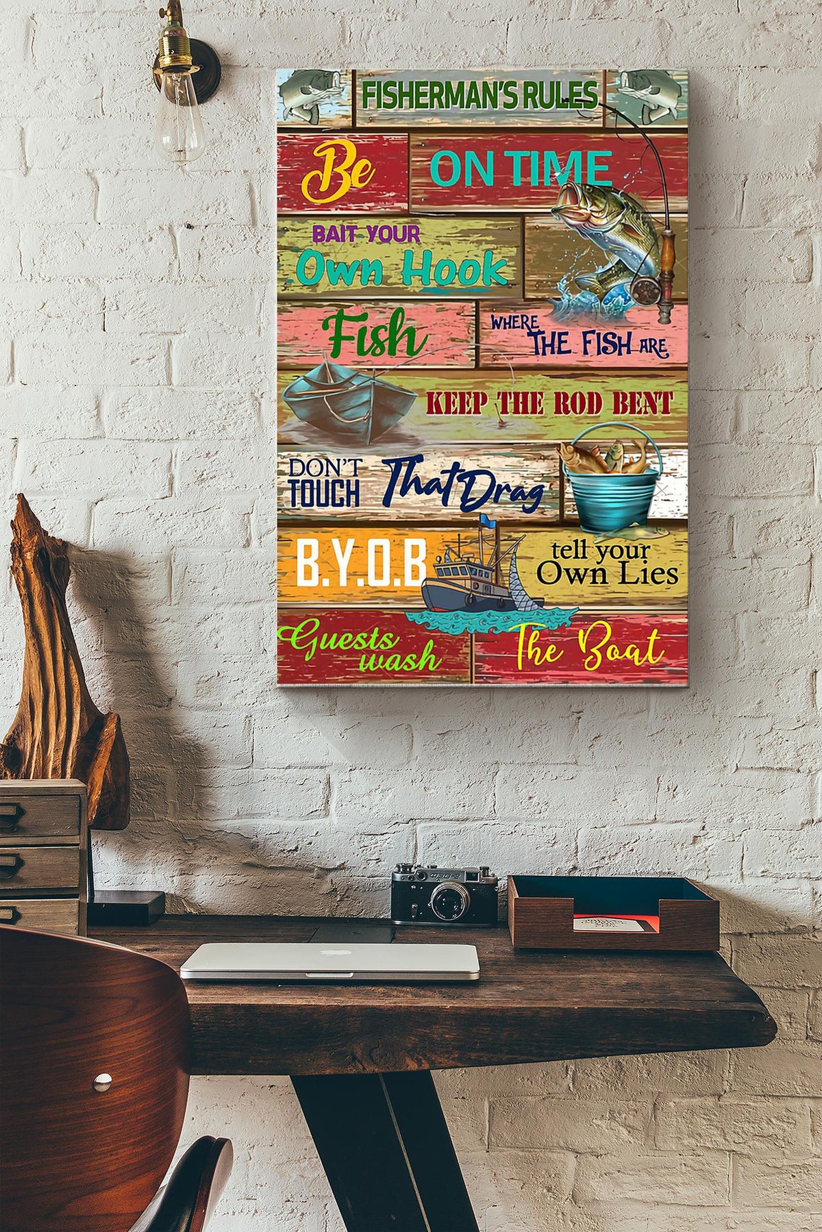 Fishing Fishermans Rules Canvas Gallery Wrapped Canvas Framed Gift Idea