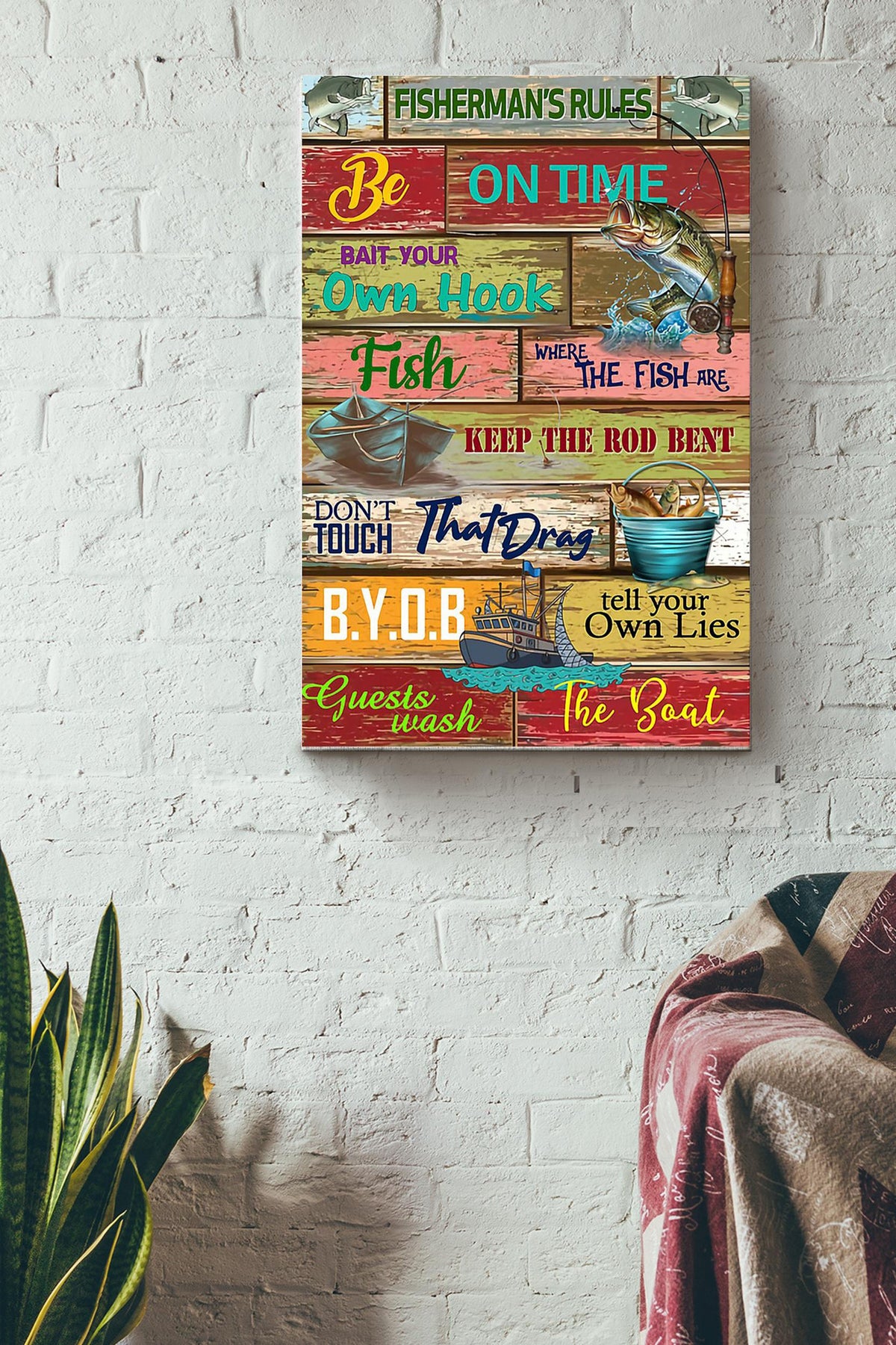 Fishing Fishermans Rules Canvas Gallery Wrapped Canvas Framed Gift Idea