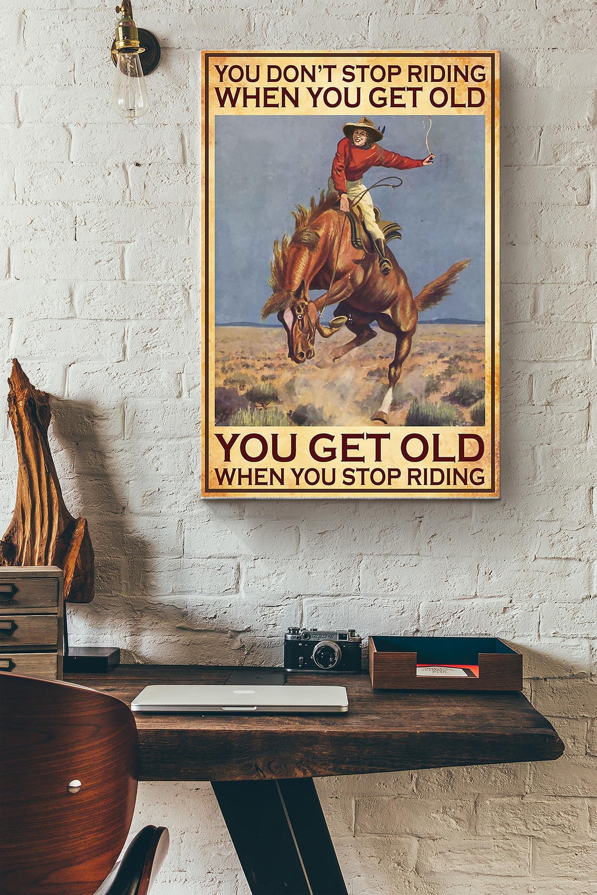 Cowboy Get Old When Stop Riding Poster - Running Horse Wall Art - Gift For Horse Rider Farmhouse Decor Horseback Rider Canvas Gallery Wrapped Canvas Framed Gift Idea Framed Prints, Canvas