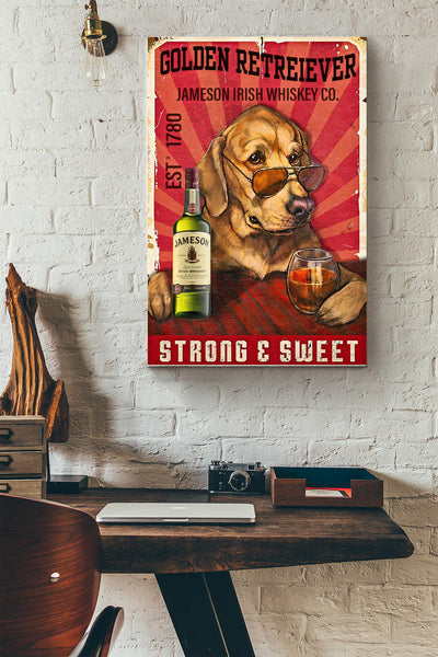 Golden Retreiever In Irish Whiskey Co. Strong And Sweet Poster - Animal Wall Art - Gift For Dog Lover Dog Mom Bar Pub Club Decor Canvas Gallery Wrapped Canvas Framed Gift Idea Framed Prints, Canvas