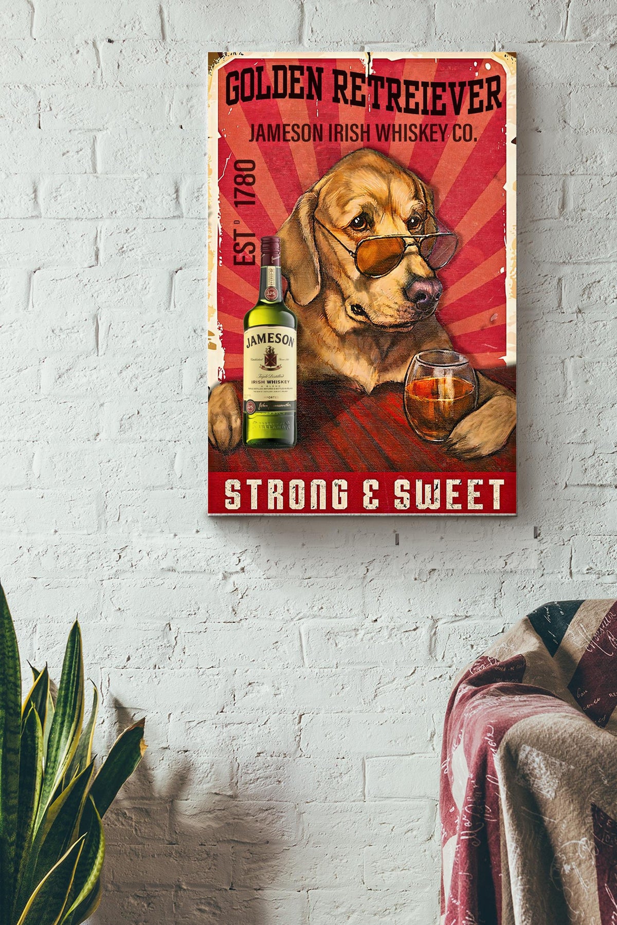 Golden Retreiever In Irish Whiskey Co. Strong And Sweet Poster - Animal Wall Art - Gift For Dog Lover Dog Mom Bar Pub Club Decor Canvas Gallery Wrapped Canvas Framed Gift Idea Framed Prints, Canvas