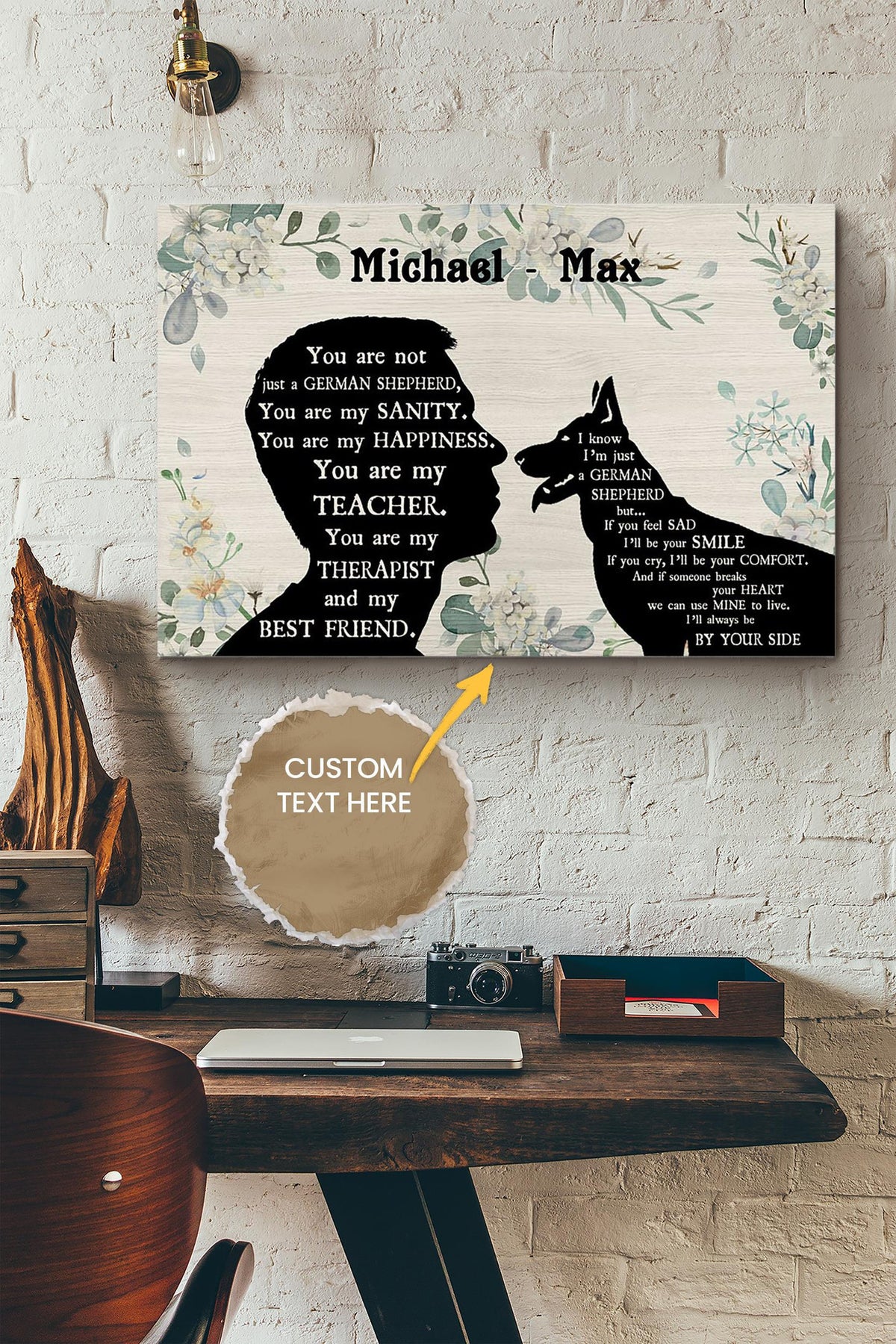 German Shepherd Boy Therapist Best Friend Personalized Poster - Animal Wall Art - Gift For Dog Lover Dog Foster Puppy Fan Canvas Gallery Wrapped Canvas Framed Gift Idea Framed Prints, Canvas