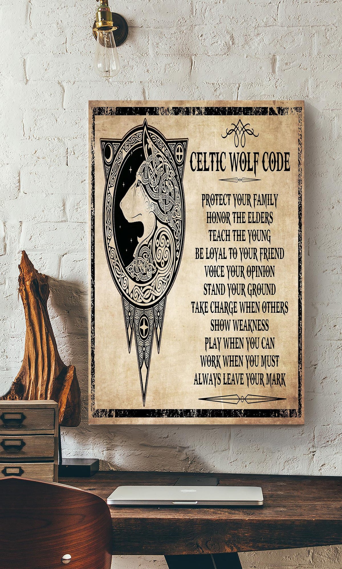 Celtic Wolf Code Motivation Quote Wall Art For Home Decor Housewarming Canvas Framed Prints, Canvas