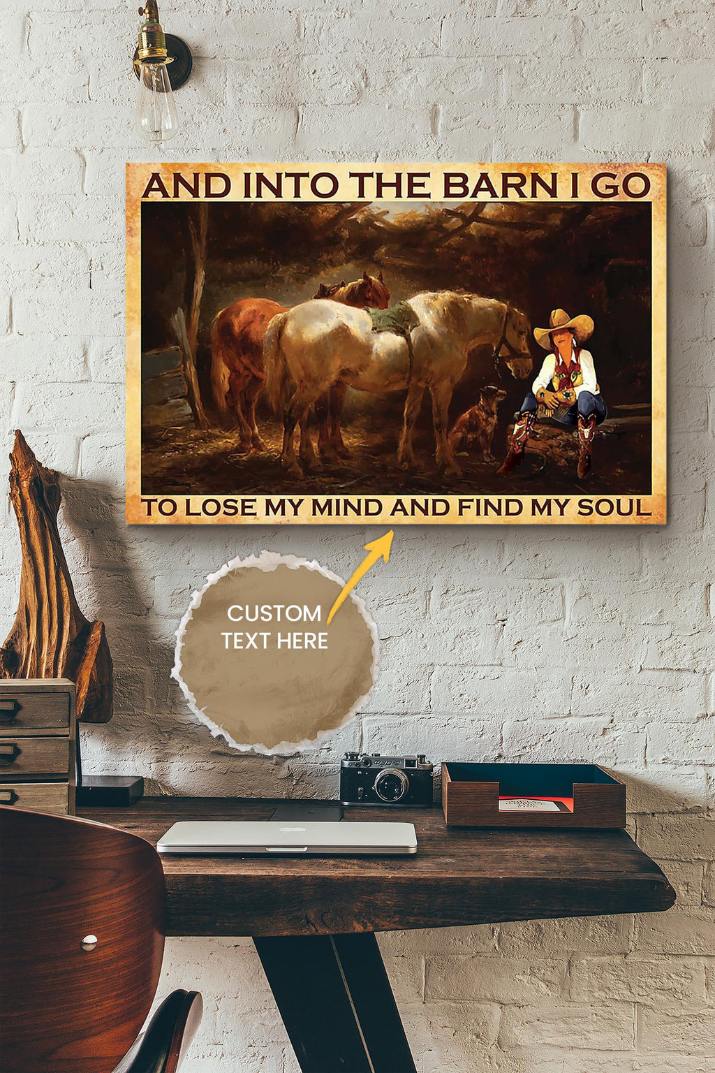 Cowgirl Into The Barn Lose My Mind Find My Soul Poster - Animal Wall Art - Gift For Horse Lover Horse Rider Cowboy Farmhouse Decor Canvas Gallery Wrapped Canvas Framed Gift Idea Framed Prints, Canvas