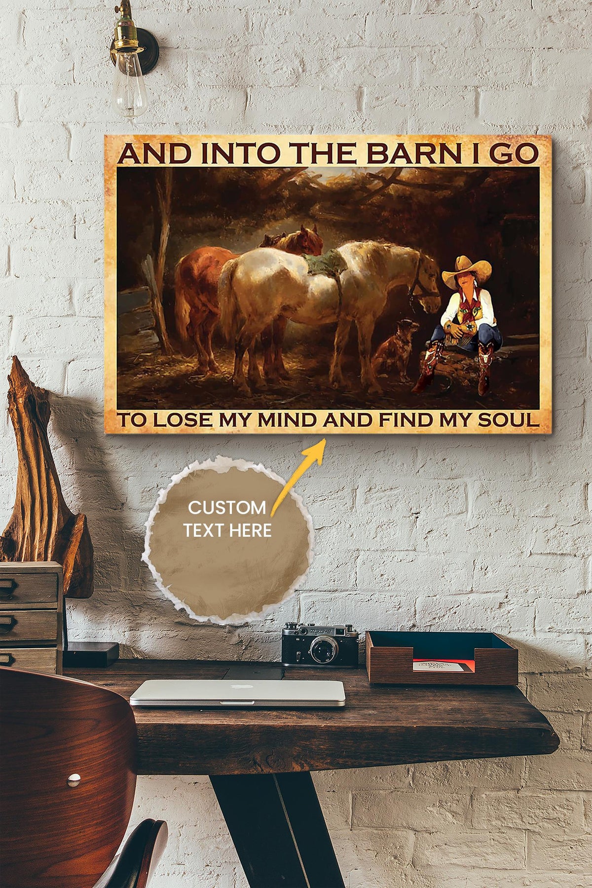 Cowgirl Into The Barn Lose My Mind Find My Soul Poster - Animal Wall Art - Gift For Horse Lover Horse Rider Cowboy Farmhouse Decor Canvas Gallery Wrapped Canvas Framed Gift Idea Framed Prints, Canvas