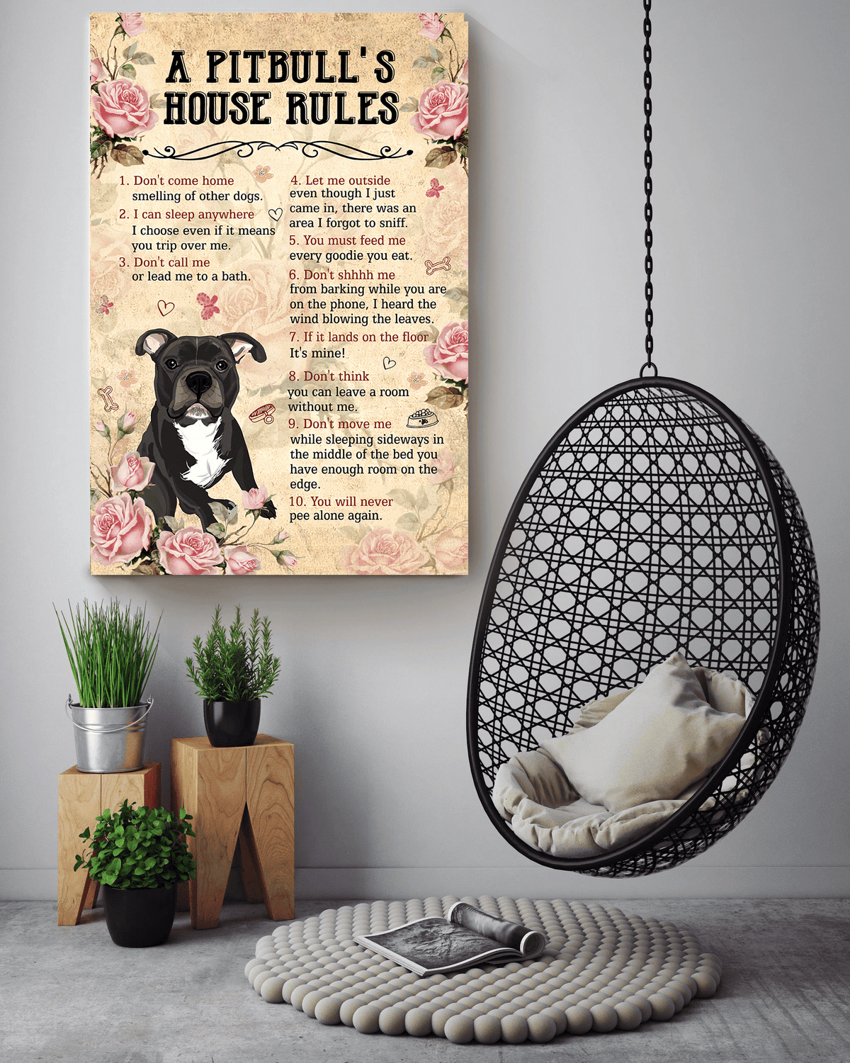 Dog A Pitpull's House Rules Wall Art For Dog Lover Housewarming Canvas Gallery Wrapped Canvas Framed Gift Idea Framed Prints, Canvas