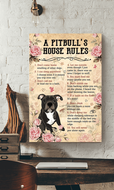Dog A Pitpull's House Rules Wall Art For Dog Lover Housewarming Canvas Gallery Wrapped Canvas Framed Gift Idea Framed Prints, Canvas