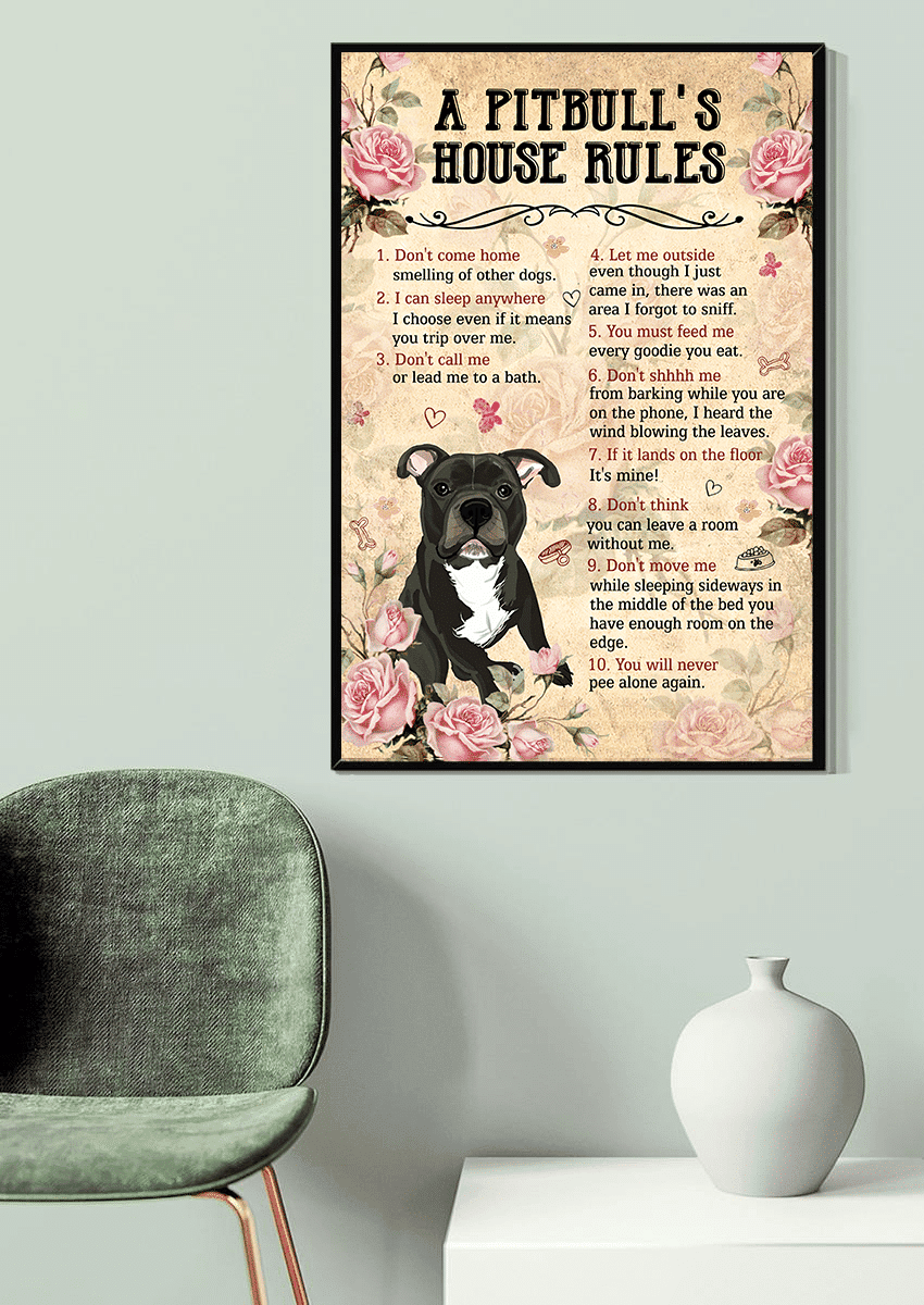 Dog A Pitpull's House Rules Wall Art For Dog Lover Housewarming Canvas Gallery Wrapped Canvas Framed Gift Idea Framed Prints, Canvas