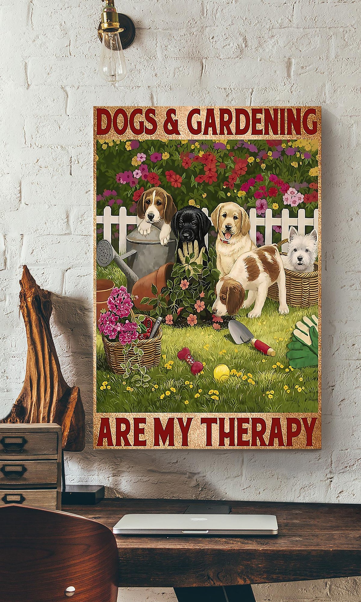 Dogs And Gardening Are My Therapy Inspiration Wall Art Gift For Garden Lover Dog Lover Canvas Gallery Wrapped Canvas Framed Gift Idea Framed Prints, Canvas