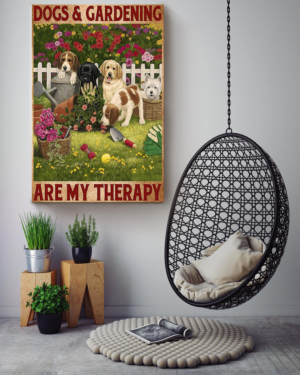 Dogs And Gardening Are My Therapy Inspiration Wall Art Gift For Garden Lover Dog Lover Canvas Gallery Wrapped Canvas Framed Gift Idea Framed Prints, Canvas