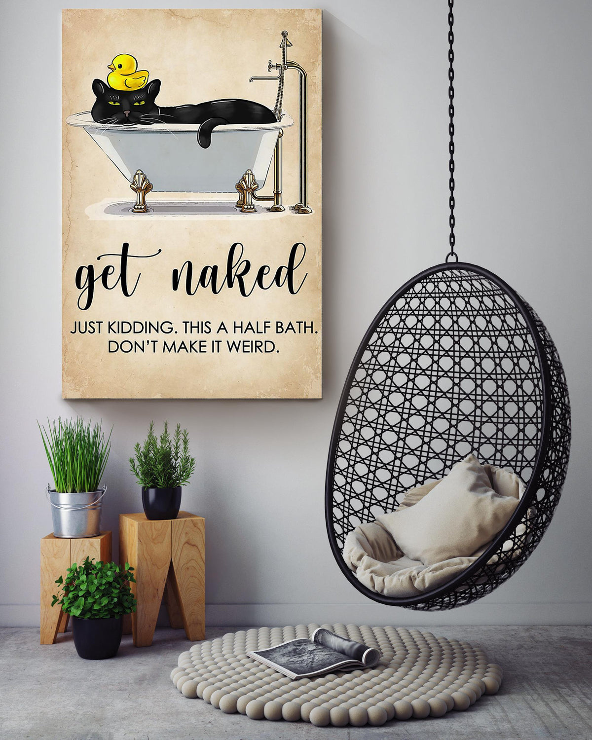 Get Naked Funny Meme Black Cat In Bath Gift For Bathroom Decor Housewarming (2) Canvas
