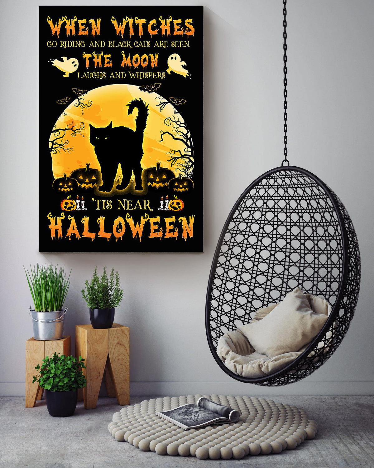 Halloween When Witches Go Riding And Black Cats Are Seen Animal Wall Art Gift For Cat Lover International Cat Day Kitten Foster Canvas Framed Prints, Canvas