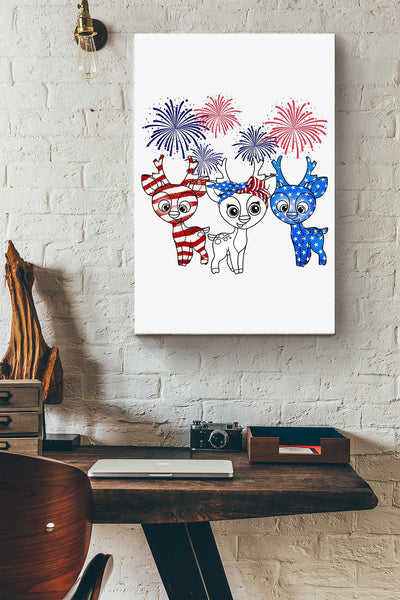 Deers With American Flag Cute Deer Poster Canvas Gallery Wrapped Canvas Framed Gift Idea