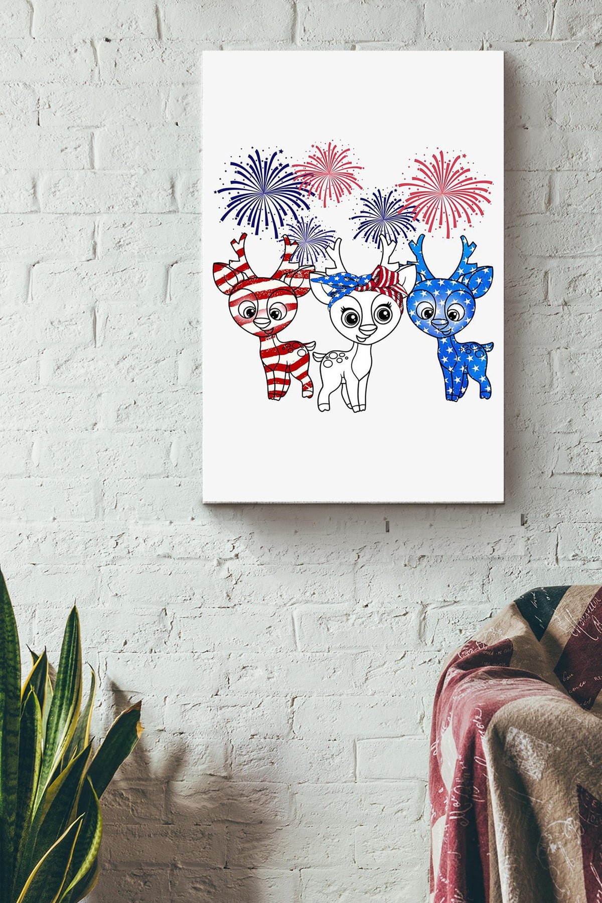 Deers With American Flag Cute Deer Poster Canvas Gallery Wrapped Canvas Framed Gift Idea