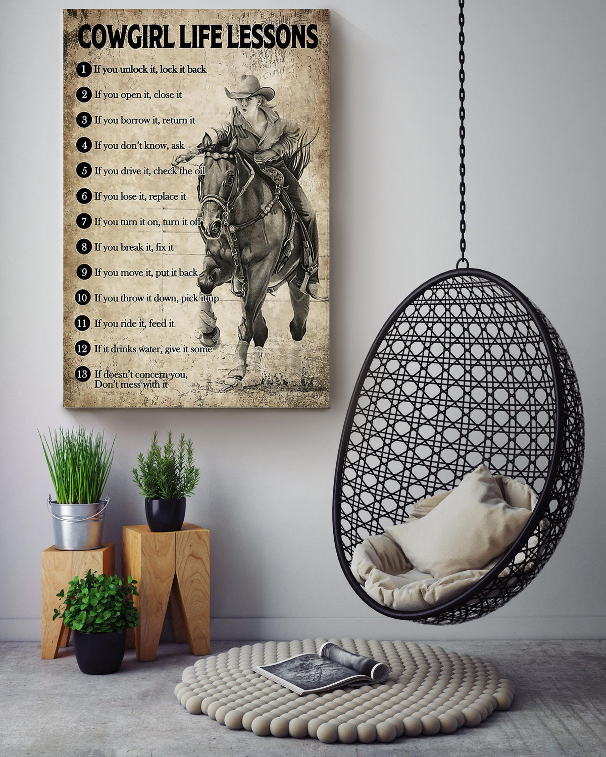 Cowgirl Life Lesson Quotes Poster Horse Riding Wall Art For Cowgirl Cowboy Gift Canvas Framed Prints, Canvas