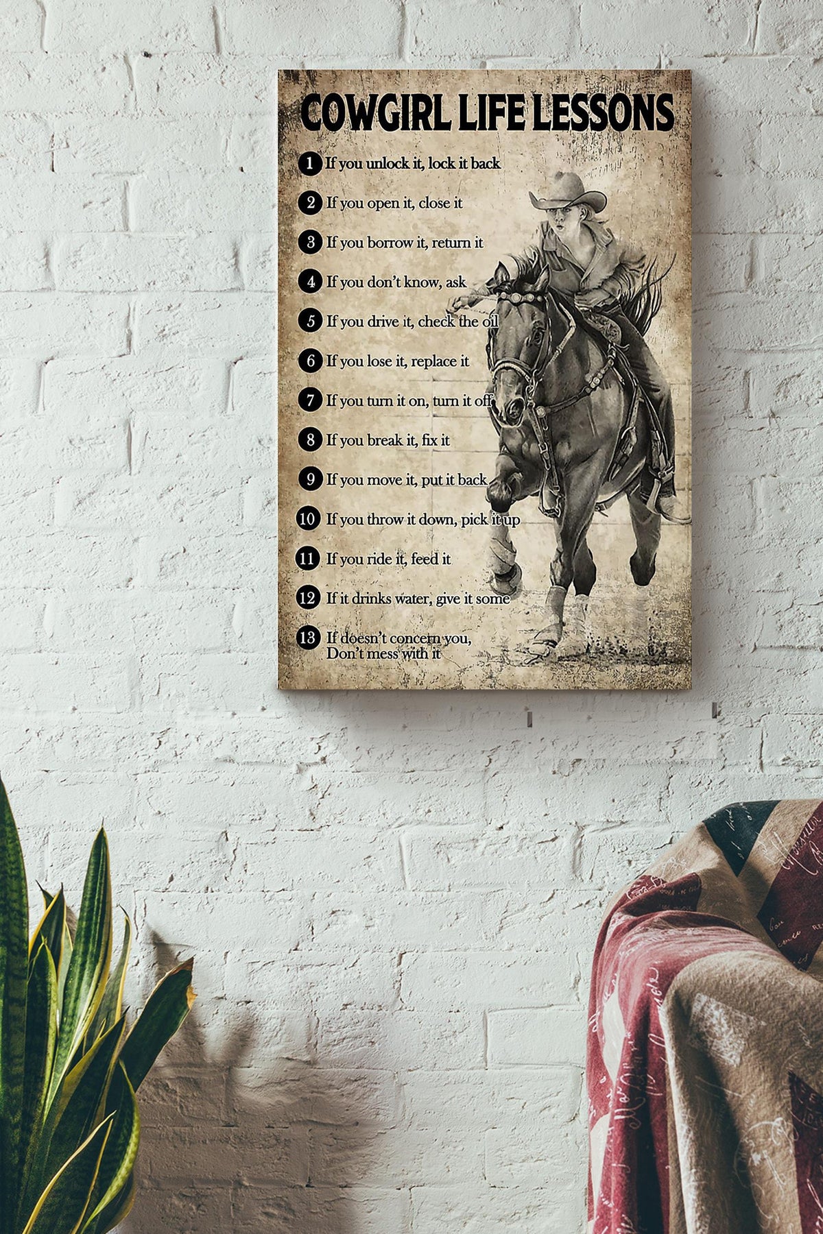 Cowgirl Life Lesson Quotes Poster Horse Riding Wall Art For Cowgirl Cowboy Gift Canvas Framed Prints, Canvas