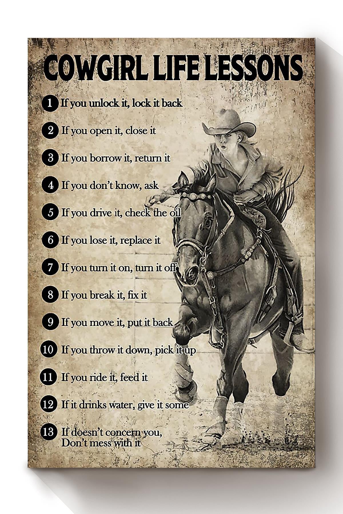 Cowgirl Life Lesson Quotes Poster Horse Riding Wall Art For Cowgirl Cowboy Gift Canvas Framed Prints, Canvas
