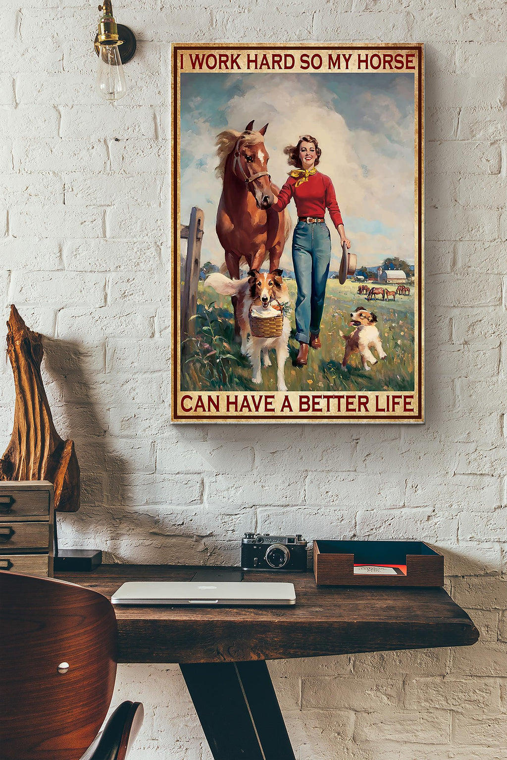 Cowgirl I Work Hard So My Horse Poster - Animal Wall Art - Gift For Horse Lover Horse Rider Cowboy Farmhouse Decor Canvas Gallery Wrapped Canvas Framed Gift Idea Framed Prints, Canvas