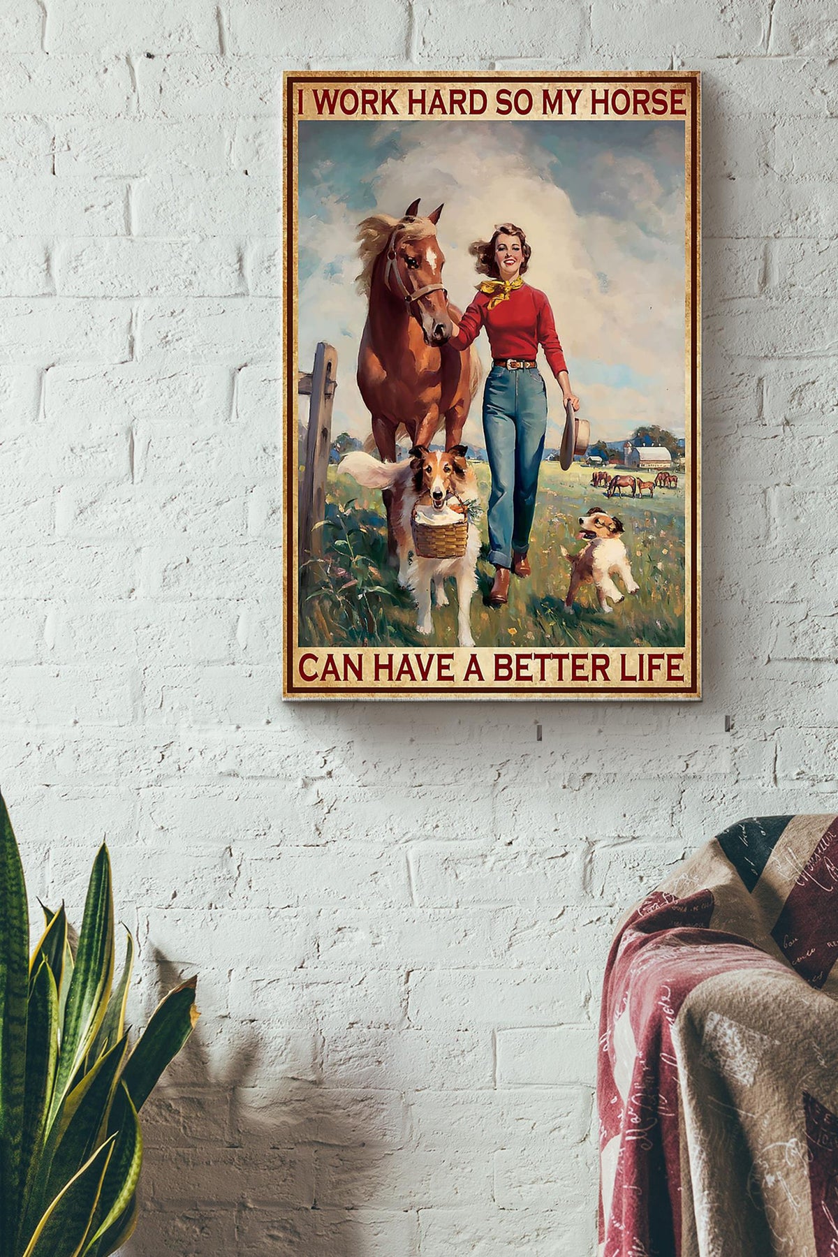 Cowgirl I Work Hard So My Horse Poster - Animal Wall Art - Gift For Horse Lover Horse Rider Cowboy Farmhouse Decor Canvas Gallery Wrapped Canvas Framed Gift Idea Framed Prints, Canvas