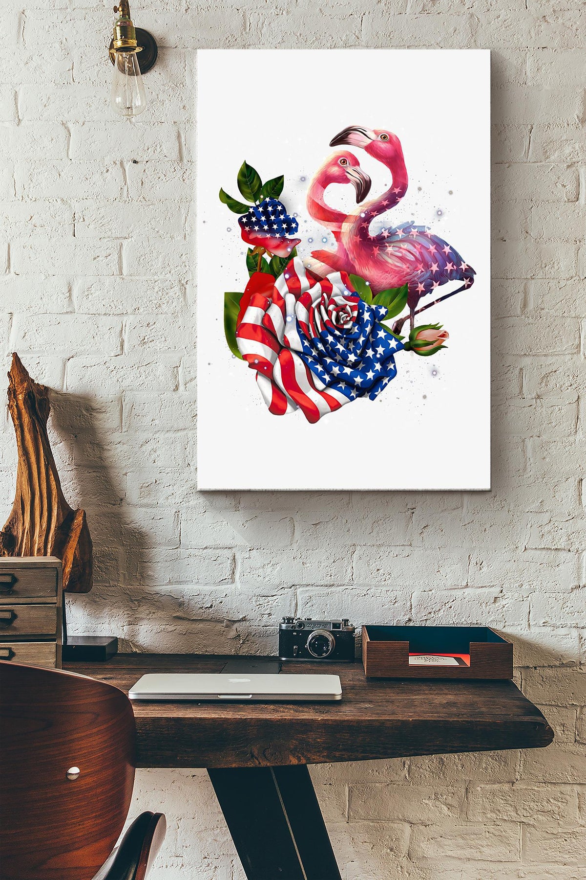 Falmingo With American Rose Poster Canvas Gallery Wrapped Canvas Framed Gift Idea