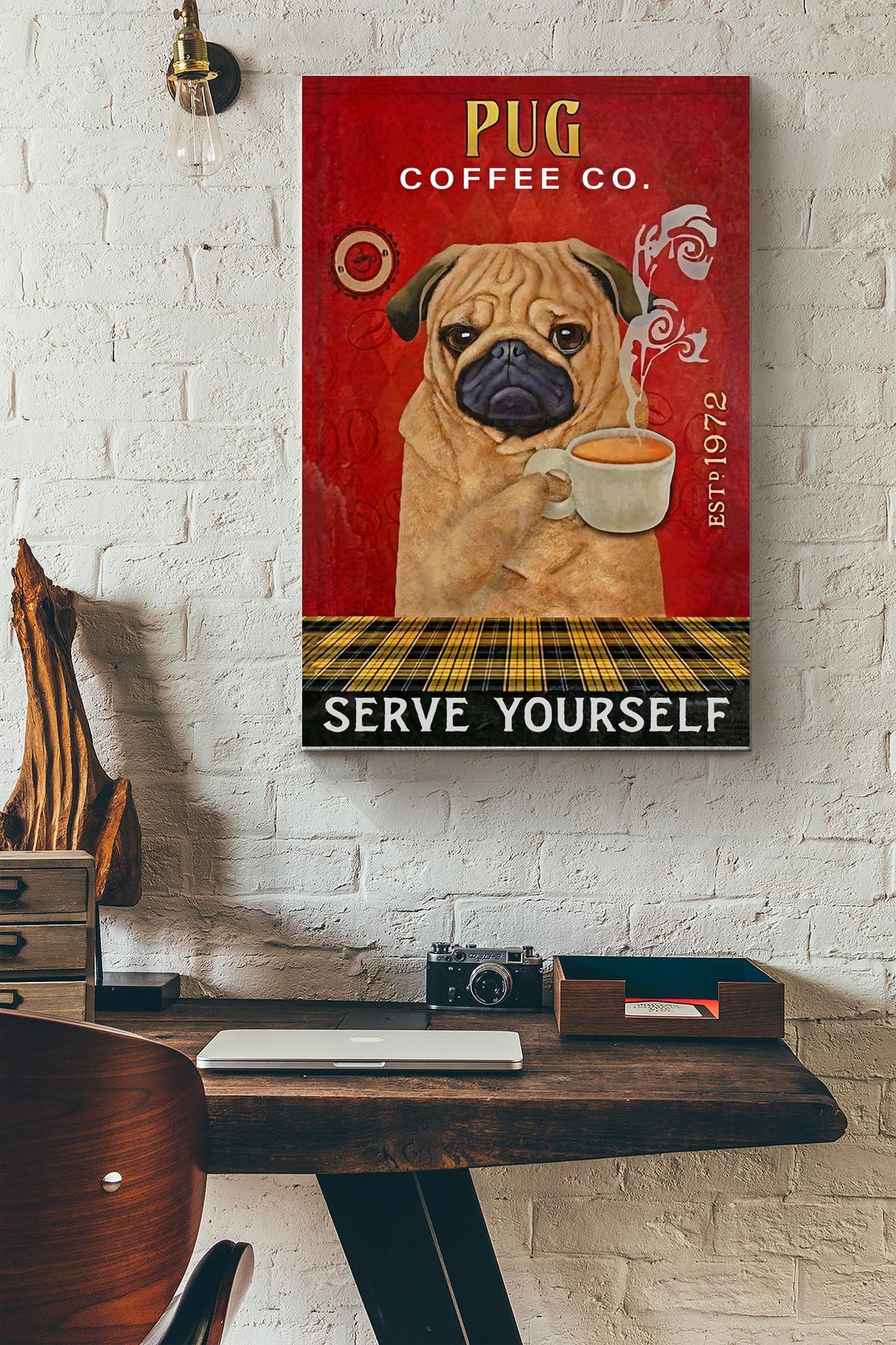 Coffee Company Pug Print Canvas Framed Wall Art Poster Sign Anniversary Birthday Christmas Housewarming Gift Home Canvas Gallery Wrapped Canvas Framed Gift Idea Framed Prints, Canvas
