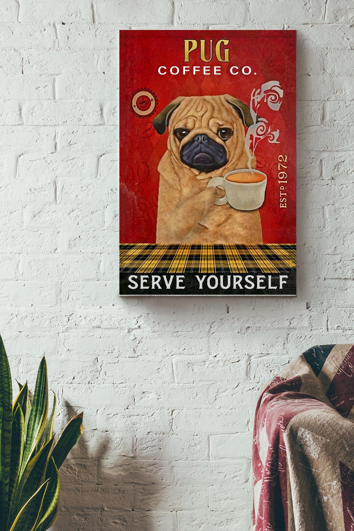 Coffee Company Pug Print Canvas Framed Wall Art Poster Sign Anniversary Birthday Christmas Housewarming Gift Home Canvas Gallery Wrapped Canvas Framed Gift Idea Framed Prints, Canvas