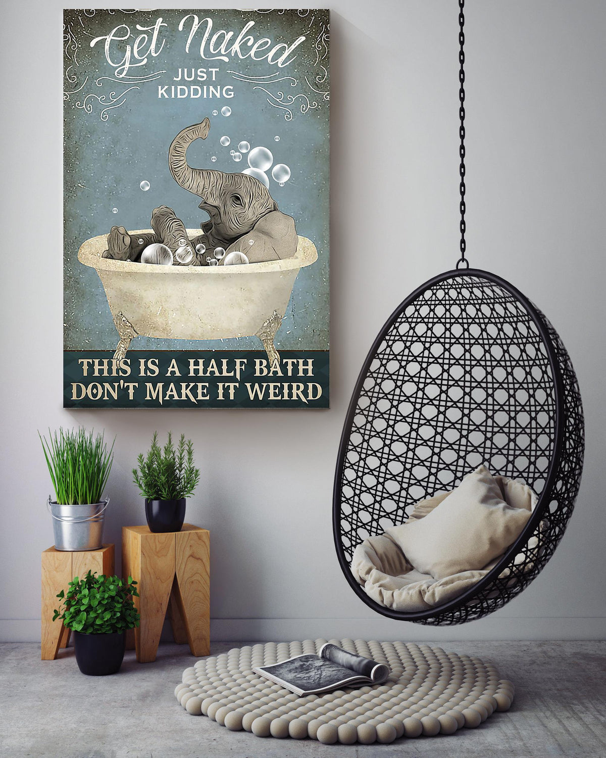 Get Naked Funny Meme Elephant In Bath Gift For Bathroom Decor Housewarming Canvas
