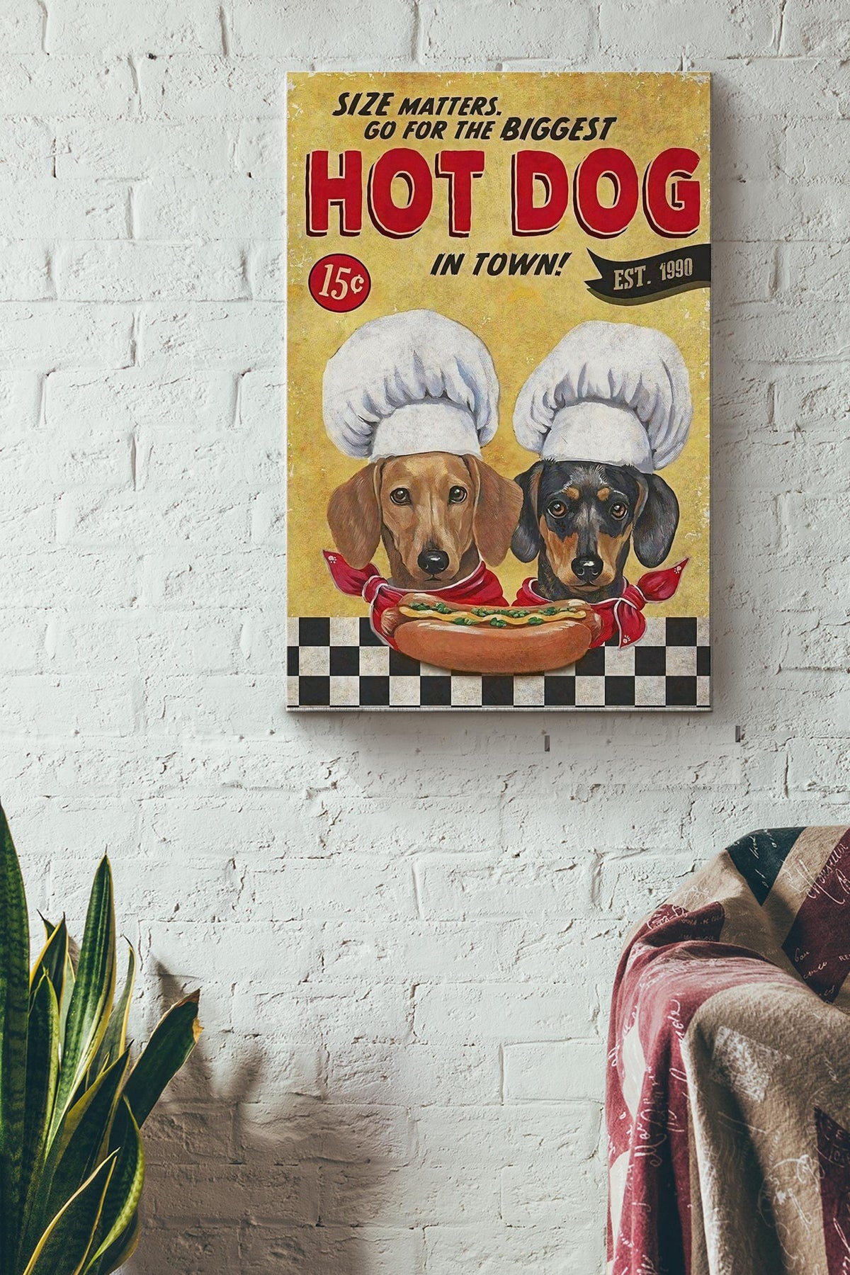 Go For The Biggesrt Hot Dog In Town Poster - Animal Wall Art - Gift For Dog Lover Dachshund Lover Dog Mom Home Decor Restaurant Decor Canvas Gallery Wrapped Canvas Framed Gift Idea Framed Prints, Canvas