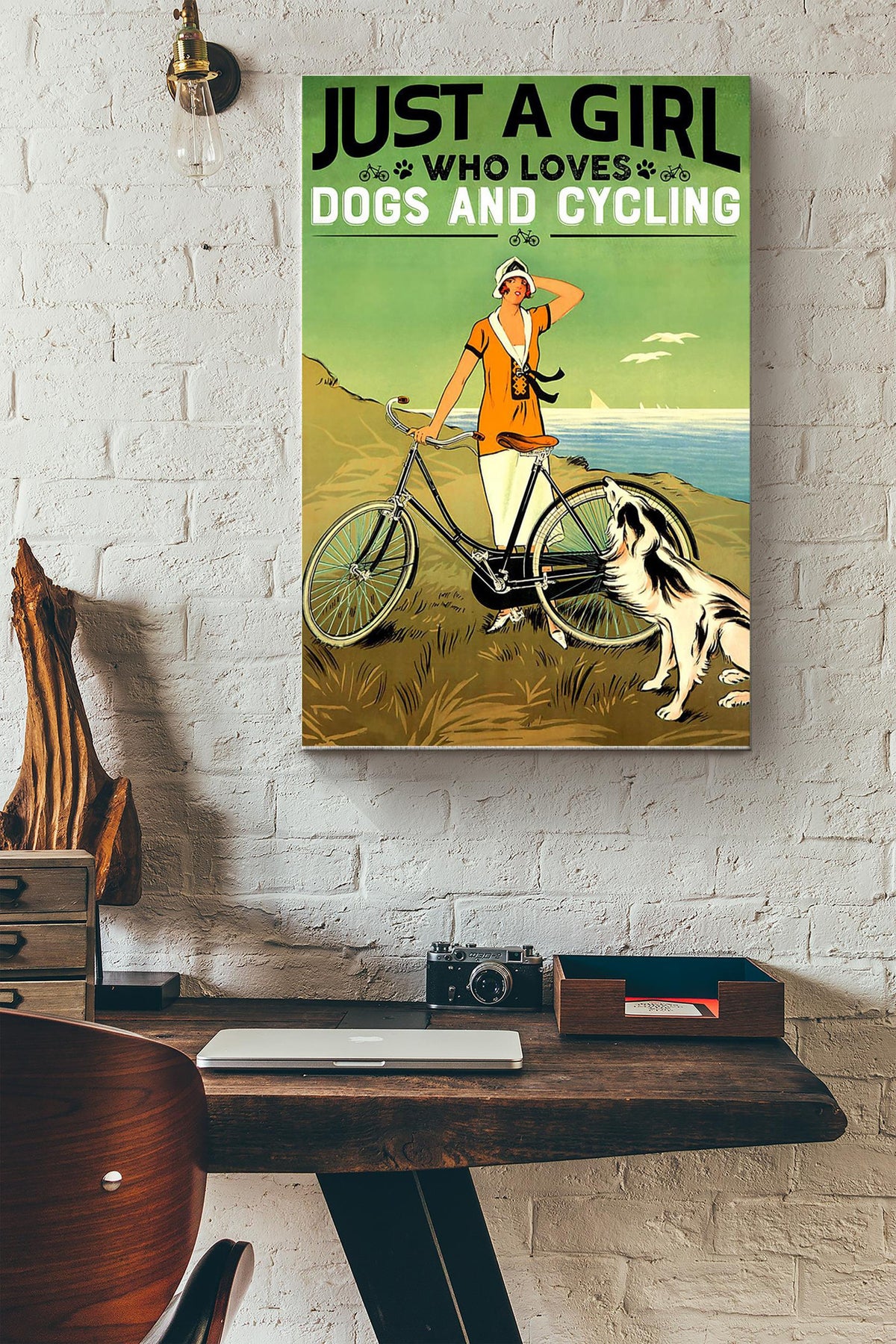 Girl Loves Cycling And Dog Canvas Gallery Wrapped Canvas Framed Gift Idea
